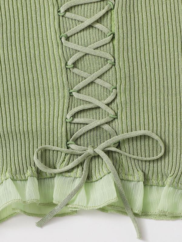 Lace Up Knot Mesh Frill Trim Rib-knit Top - LuckyFash™