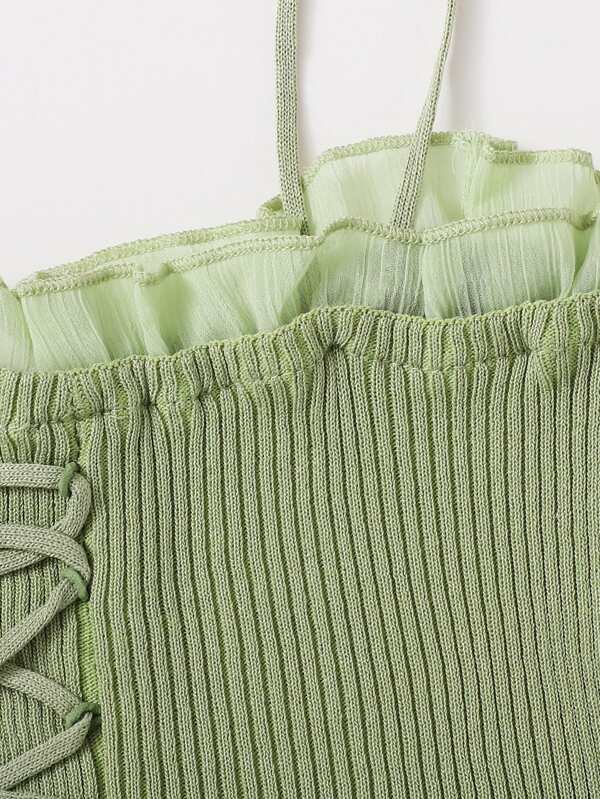 Lace Up Knot Mesh Frill Trim Rib-knit Top - LuckyFash™
