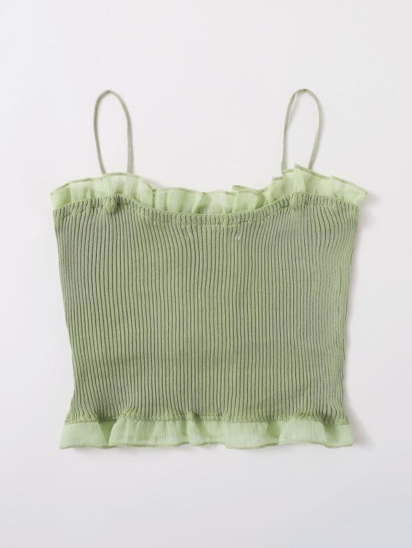 Lace Up Knot Mesh Frill Trim Rib-knit Top - LuckyFash™