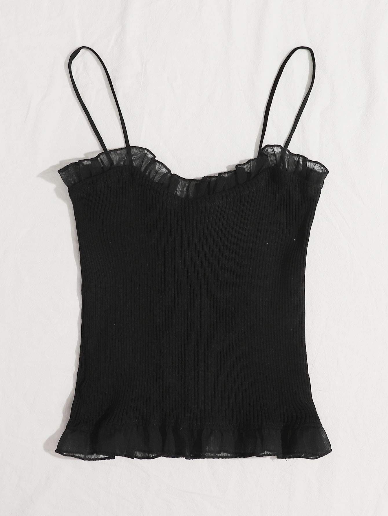 Lace Up Knot Mesh Frill Trim Rib-knit Top - LuckyFash™