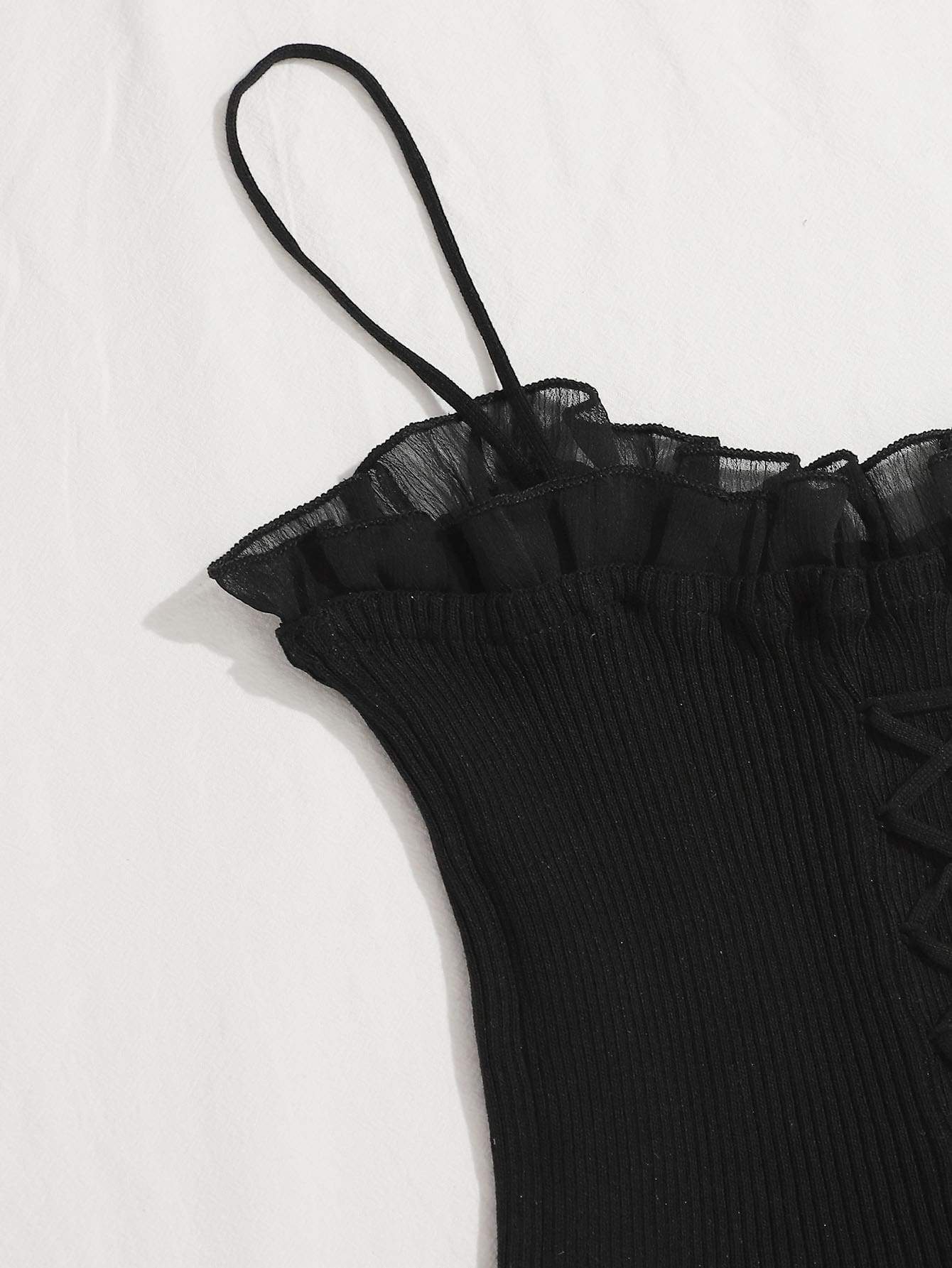 Lace Up Knot Mesh Frill Trim Rib-knit Top - LuckyFash™