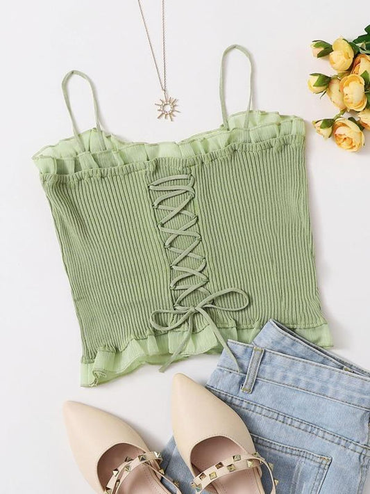 Lace Up Knot Mesh Frill Trim Rib-knit Top - LuckyFash™