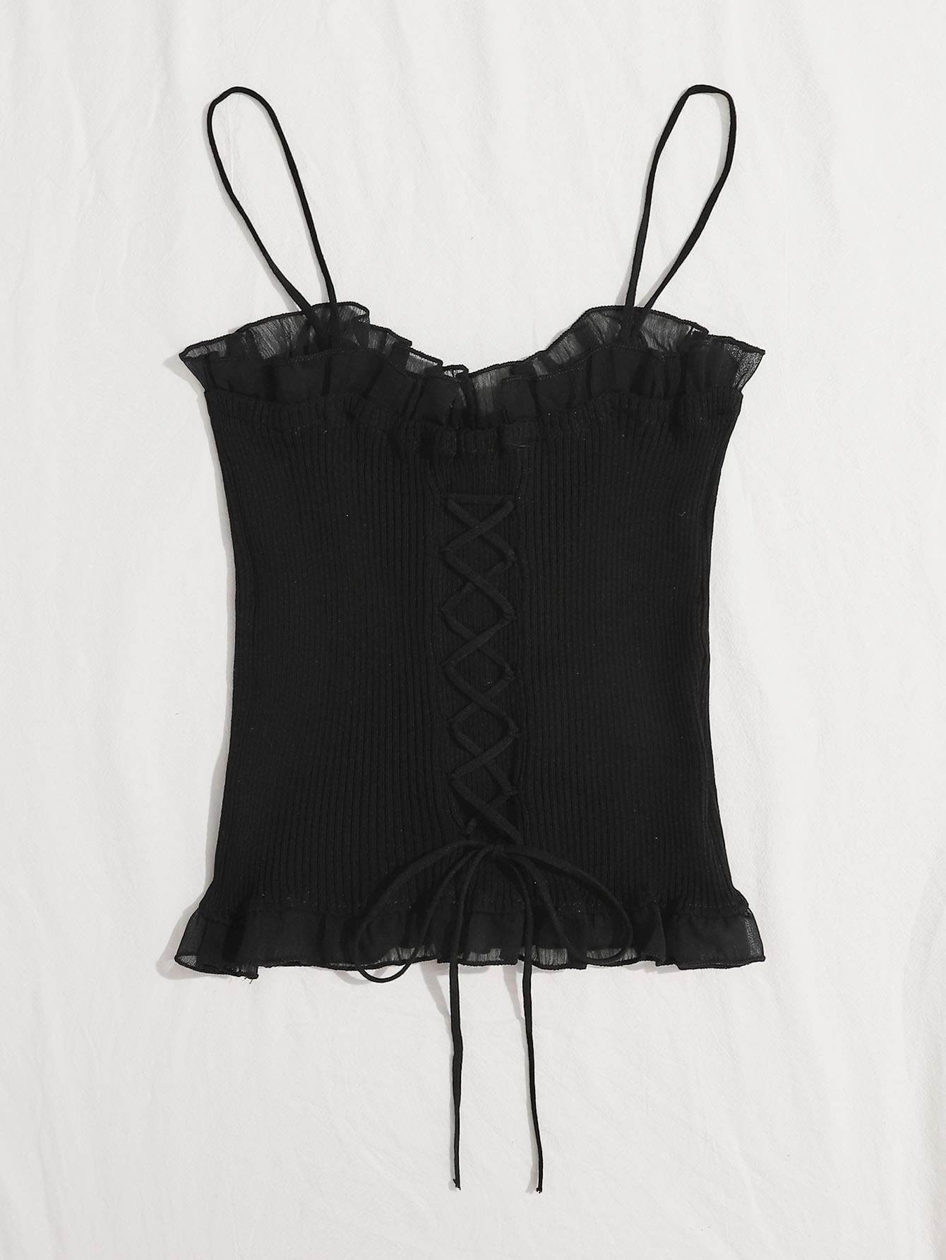 Lace Up Knot Mesh Frill Trim Rib-knit Top - LuckyFash™