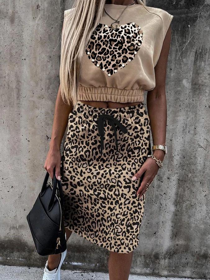 Lace-up Leopard Print Sleeveless Top & Drawstring Skirt Set - LuckyFash™