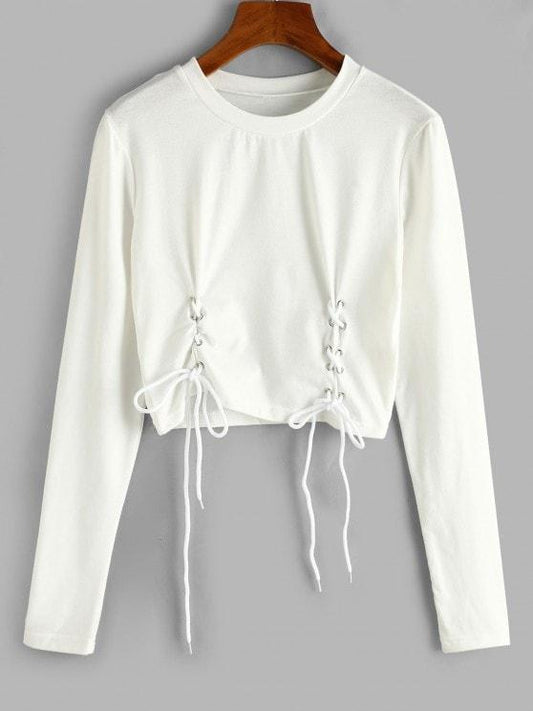 Lace-up Long Sleeve Crop Tee - LuckyFash™