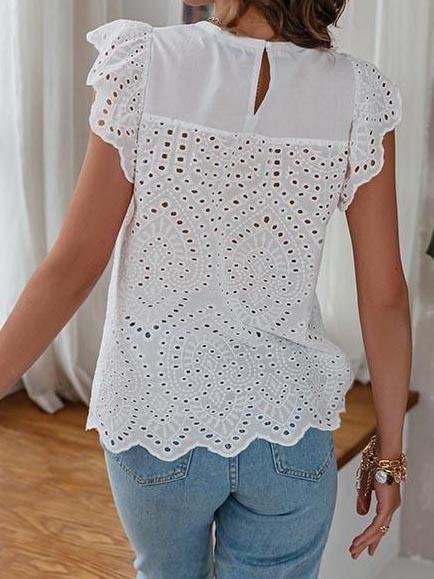 Lace Up Lotus Leaf Cutout Cotton Blouses - LuckyFash™