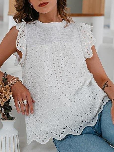Lace Up Lotus Leaf Cutout Cotton Blouses - LuckyFash™