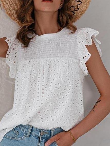 Lace Up Lotus Leaf Cutout Cotton Blouses - LuckyFash™
