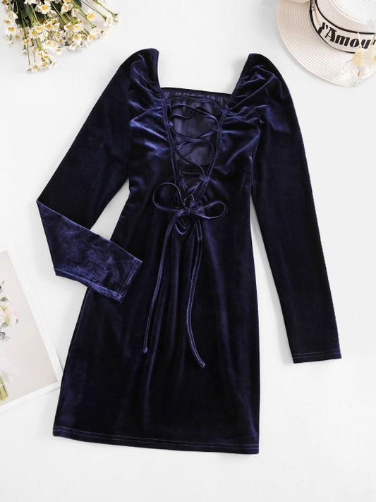 Lace Up Ruched Bust Velvet Mini Dress - LuckyFash™