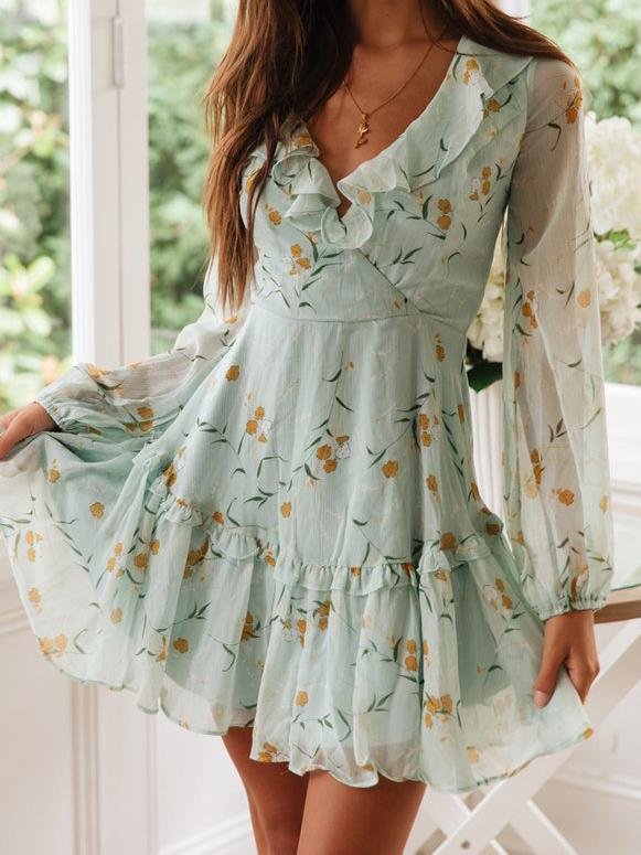 Lace-up Ruffled Printed Long-sleeved Dress - LuckyFash™