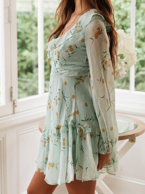 Lace-up Ruffled Printed Long-sleeved Dress - LuckyFash™