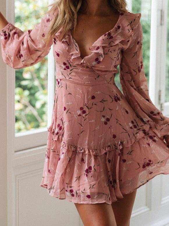 Lace-up Ruffled Printed Long-sleeved Dress - LuckyFash™