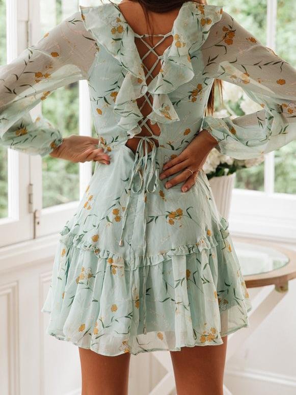 Lace-up Ruffled Printed Long-sleeved Dress - LuckyFash™