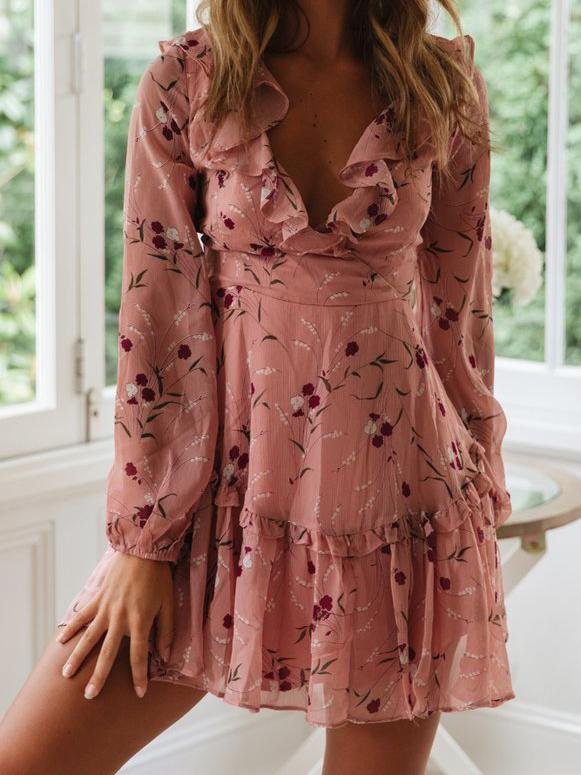 Lace-up Ruffled Printed Long-sleeved Dress - LuckyFash™