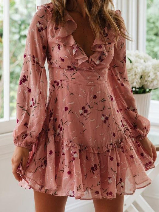 Lace-up Ruffled Printed Long-sleeved Dress - LuckyFash™