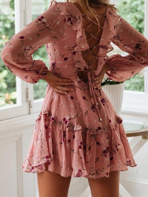 Lace-up Ruffled Printed Long-sleeved Dress - LuckyFash™