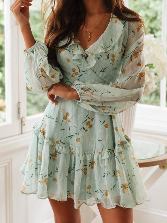Lace-up Ruffled Printed Long-sleeved Dress - LuckyFash™