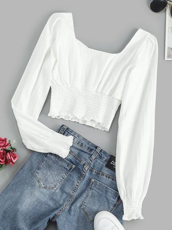 Lace Up Smocked Waist Milkmaid Blouse - LuckyFash™