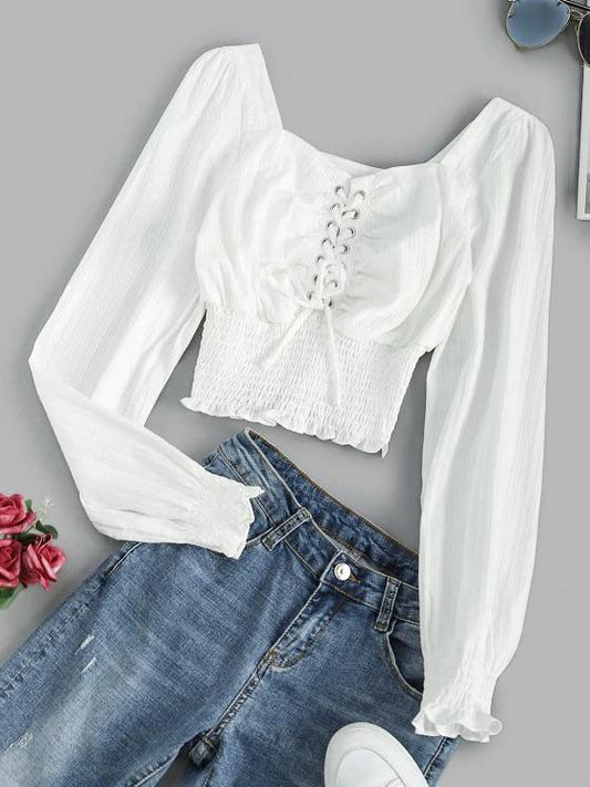 Lace Up Smocked Waist Milkmaid Blouse - LuckyFash™