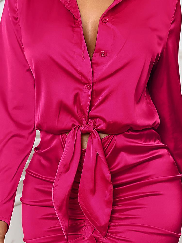 Lace-up Solid Color Long Sleeve Midi Dress - LuckyFash™