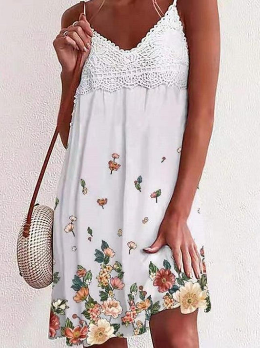 Lace V-Neck Floral Print Sleeveless Dress - LuckyFash™