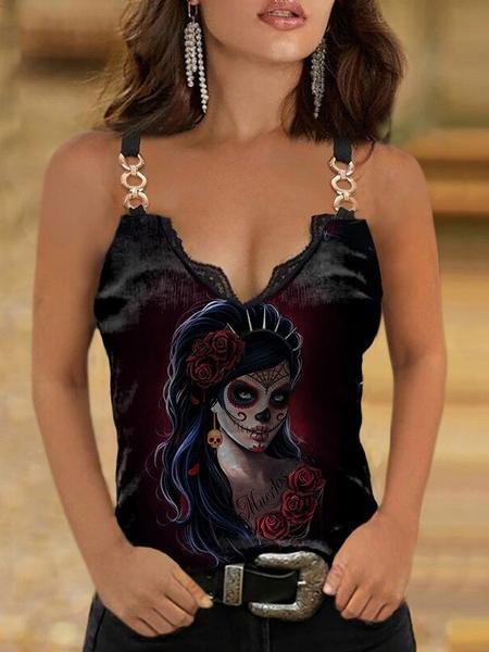 Lace V-neck Printed Camisole T-shirt - LuckyFash™