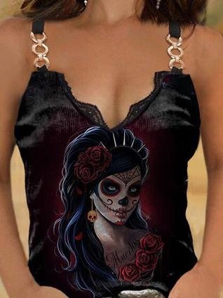 Lace V-neck Printed Camisole T-shirt - LuckyFash™