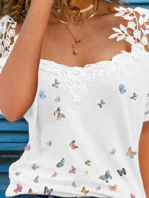 Lace V-neck Printed T-shirt - LuckyFash™