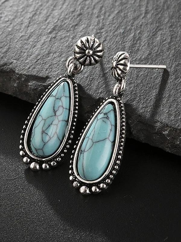 Ladies antique silver turquoise earrings drop-shaped turquoise exaggerated earrings - LuckyFash™