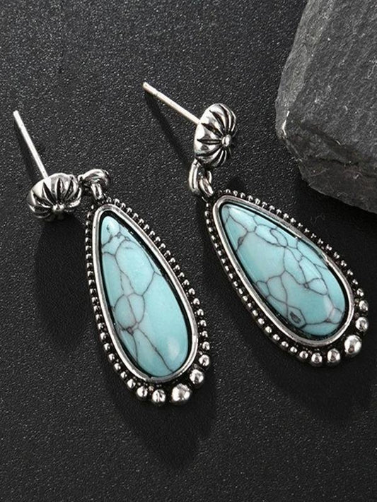 Ladies antique silver turquoise earrings drop-shaped turquoise exaggerated earrings - LuckyFash™