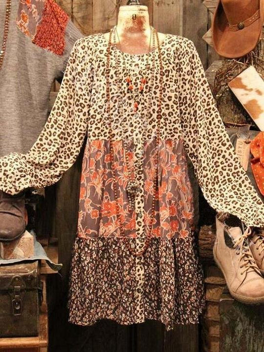 Ladies Round Neck Leopard Print Long Sleeve Dress - LuckyFash™
