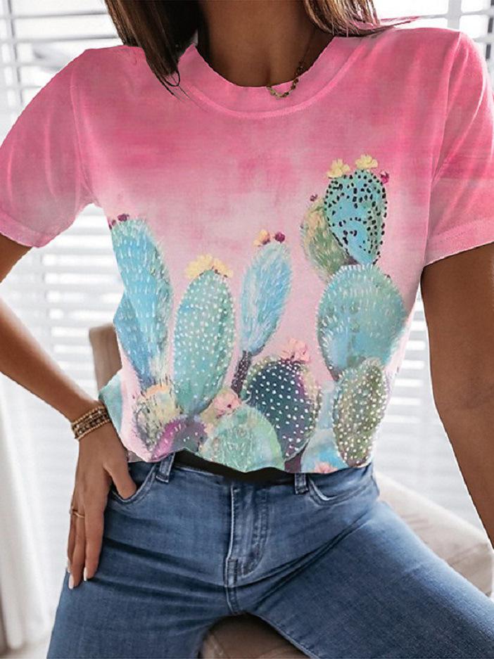 Landscape Floral Print Round Neck Short Sleeve T-Shirt - LuckyFash™