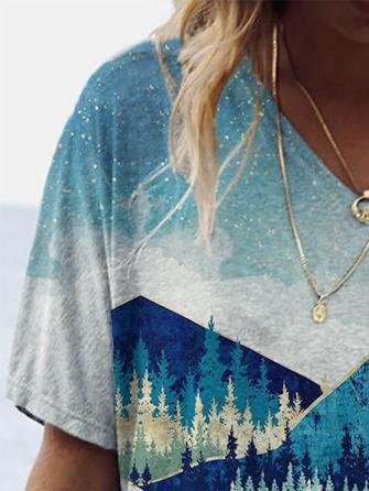 Landscape Print Short-sleeved V-neck T-shirt - LuckyFash™