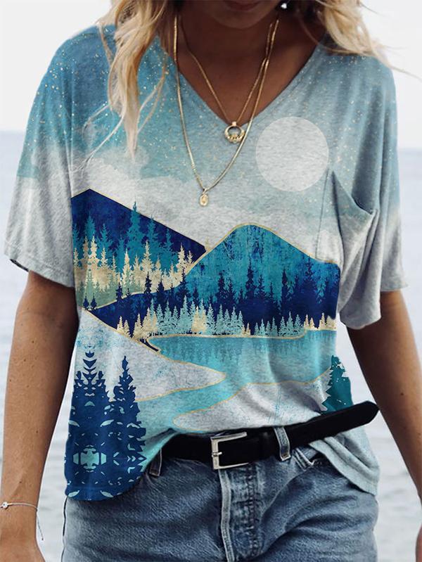 Landscape Print Short-sleeved V-neck T-shirt - LuckyFash™