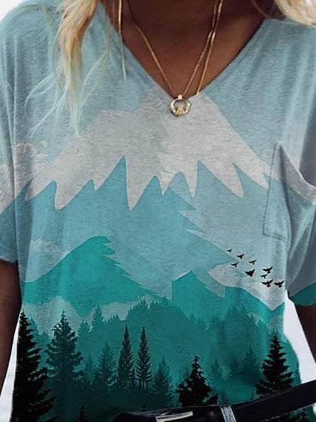 Landscape Print Short-sleeved V-neck T-shirt - LuckyFash™