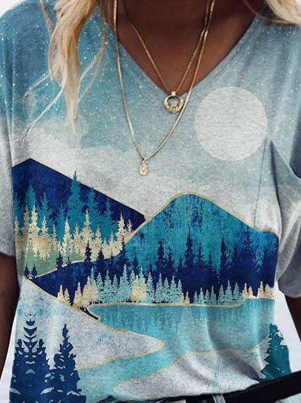 Landscape Print Short-sleeved V-neck T-shirt - LuckyFash™