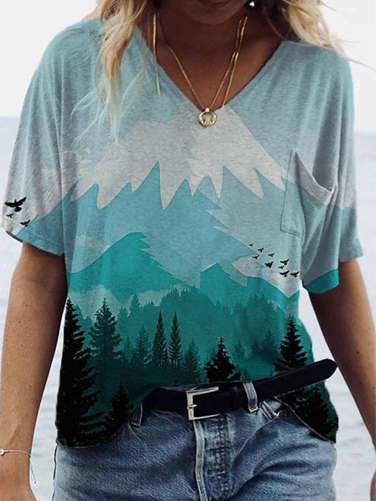 Landscape Print Short-sleeved V-neck T-shirt - LuckyFash™