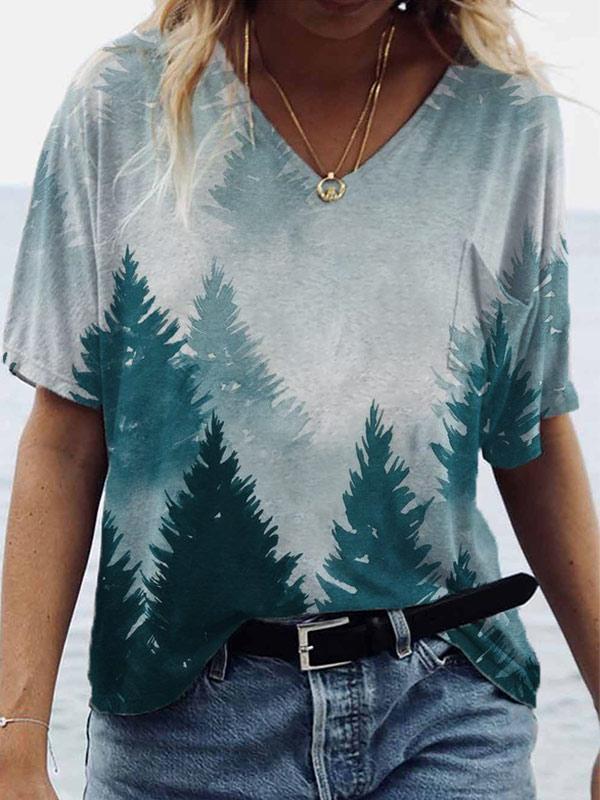 Landscape Print Short-sleeved V-neck T-shirt - LuckyFash™