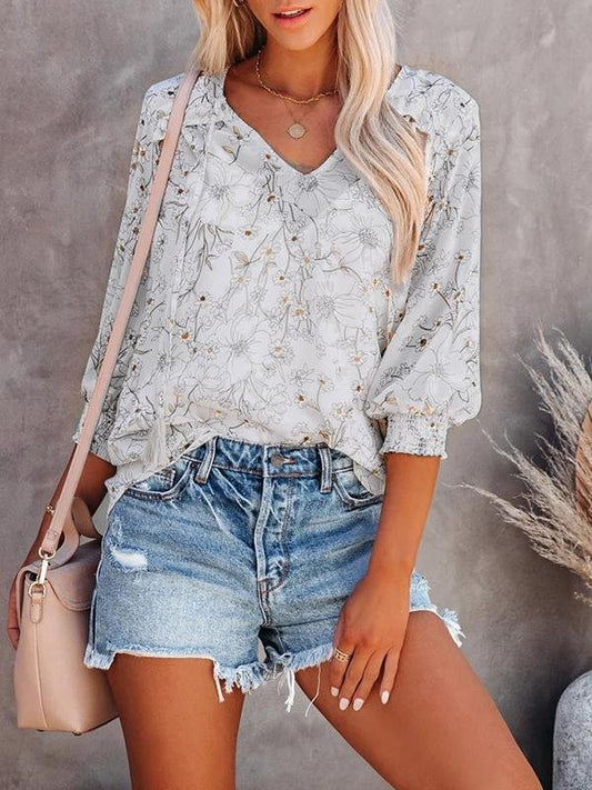 Lantern 3/4 Sleeve V-neck Loose Shirt - LuckyFash™