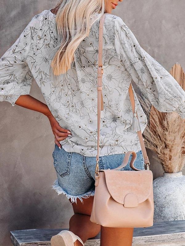 Lantern 3/4 Sleeve V-neck Loose Shirt - LuckyFash™