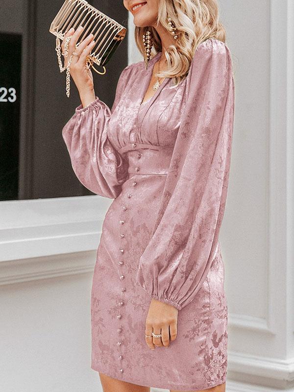 Lantern Sleeve Button Front Jacquard Satin Dress - LuckyFash™