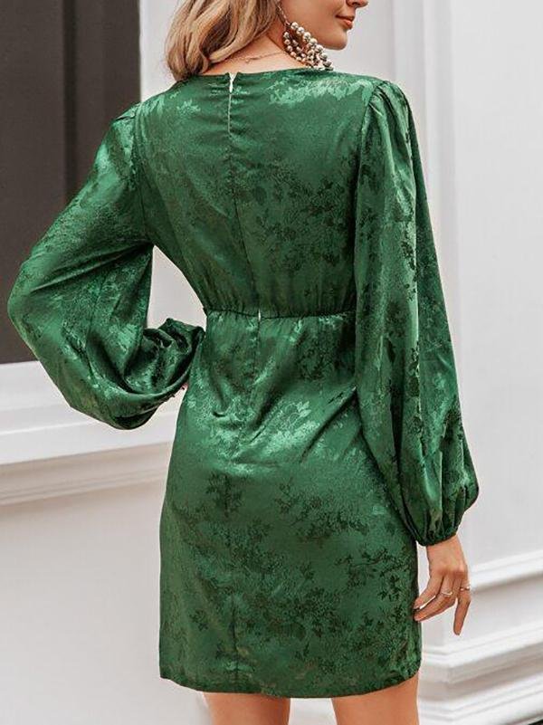 Lantern Sleeve Button Front Jacquard Satin Dress - LuckyFash™