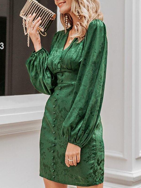 Lantern Sleeve Button Front Jacquard Satin Dress - LuckyFash™