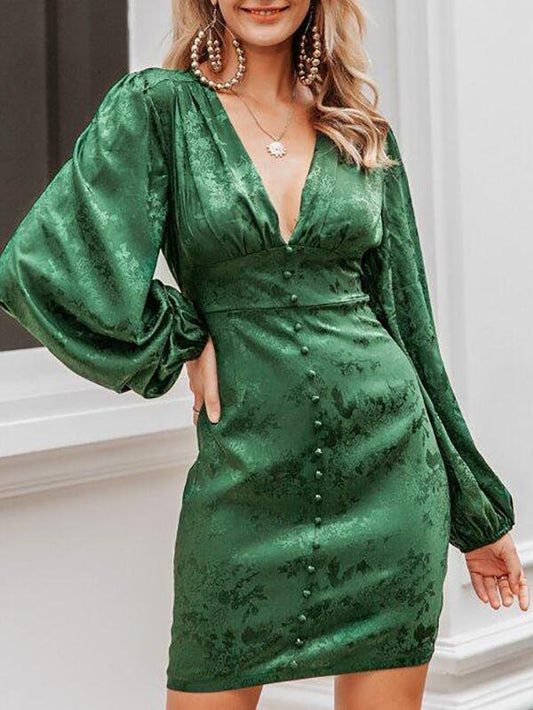 Lantern Sleeve Button Front Jacquard Satin Dress - LuckyFash™