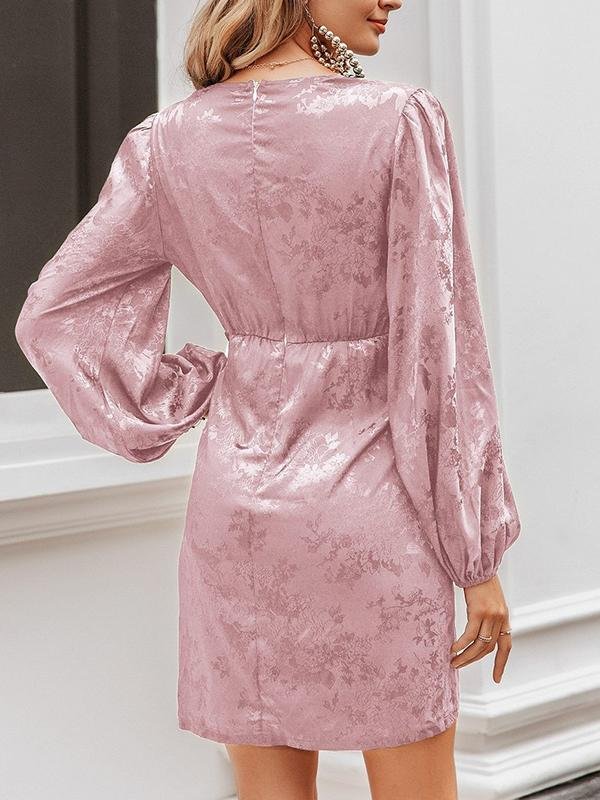 Lantern Sleeve Button Front Jacquard Satin Dress - LuckyFash™