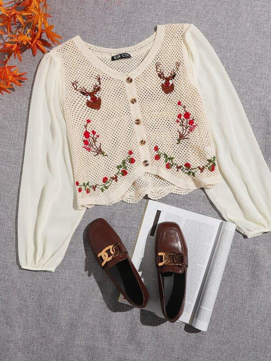 Lantern Sleeve Embroidered Flower Blouse - LuckyFash™