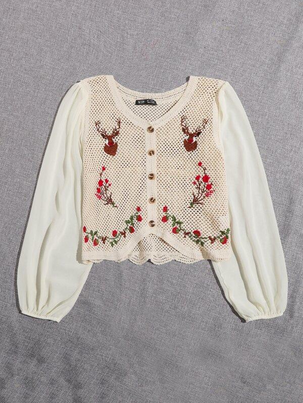 Lantern Sleeve Embroidered Flower Blouse - LuckyFash™