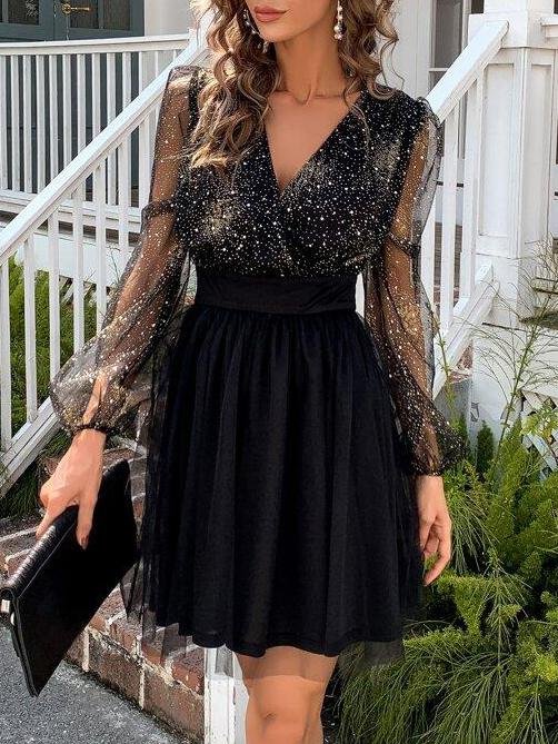 Lantern Sleeve Glitter Mesh Dress - LuckyFash™