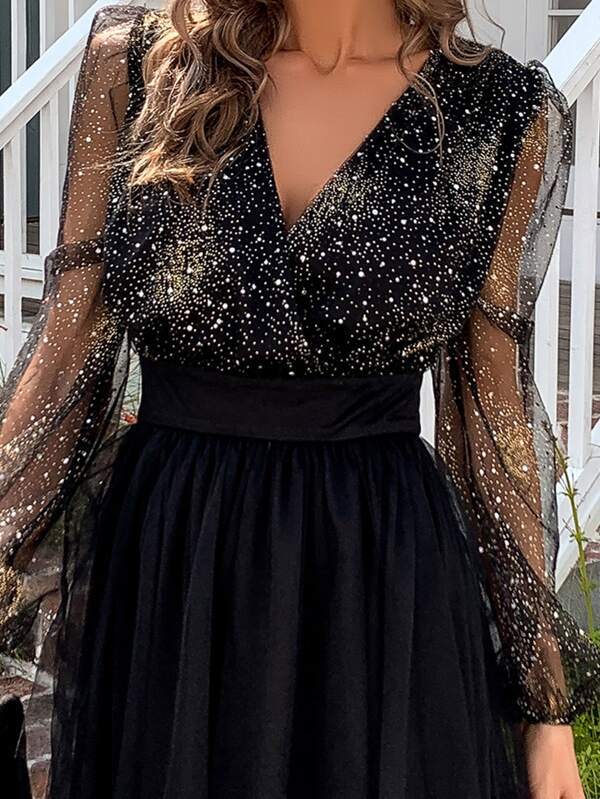 Lantern Sleeve Glitter Mesh Dress - LuckyFash™