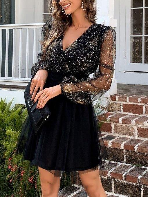 Lantern Sleeve Glitter Mesh Dress - LuckyFash™